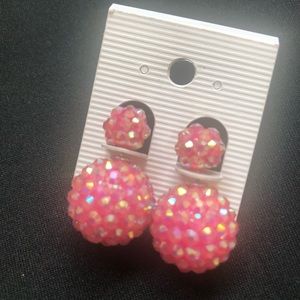 Studded pink globe jacket earrings